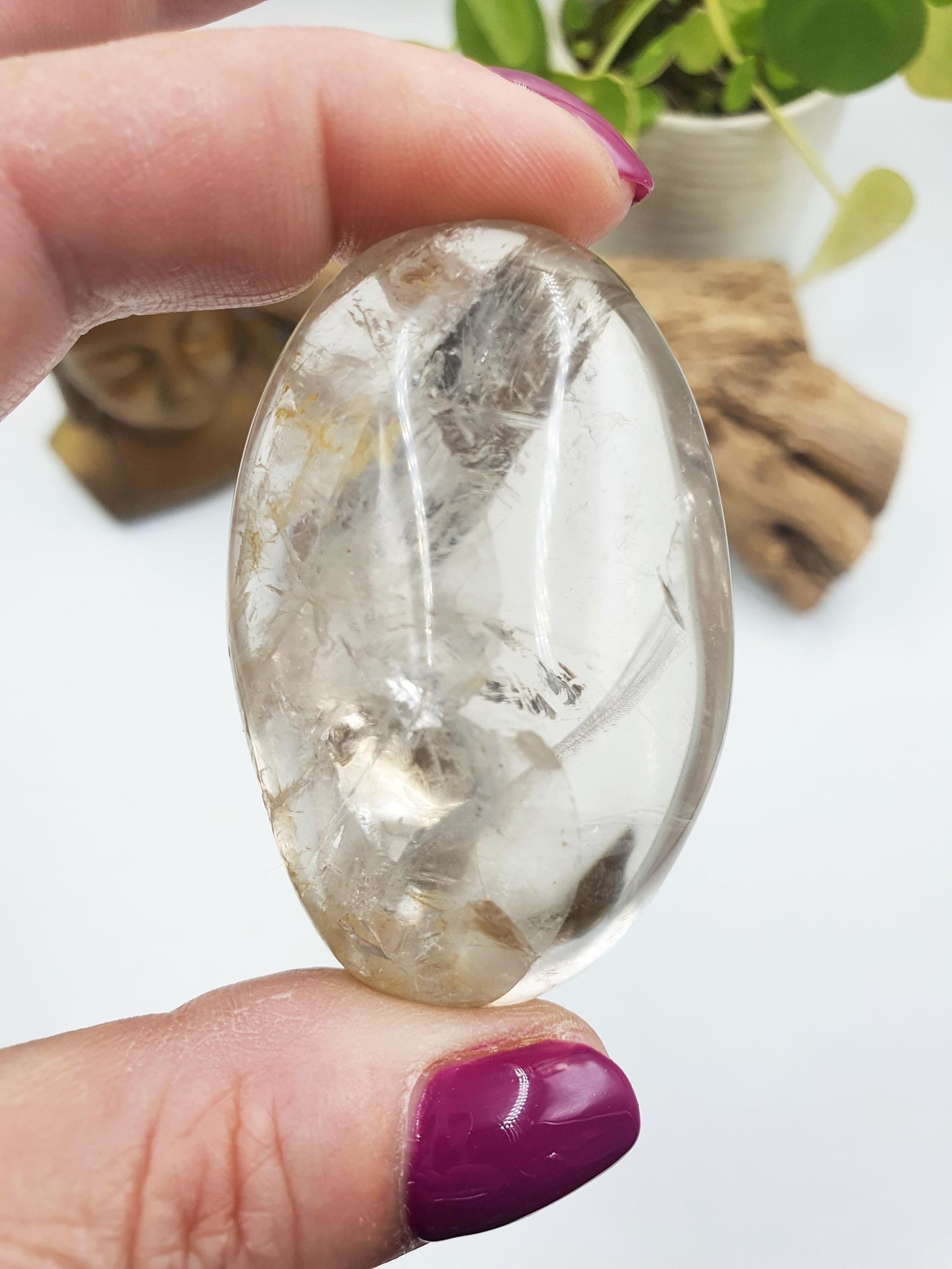 Unique Clear Quartz Palm with Golden Healer, large rainbow and shimmering inclusions / Clear Quartz Palm Stone / Meditation Palm - 70g
