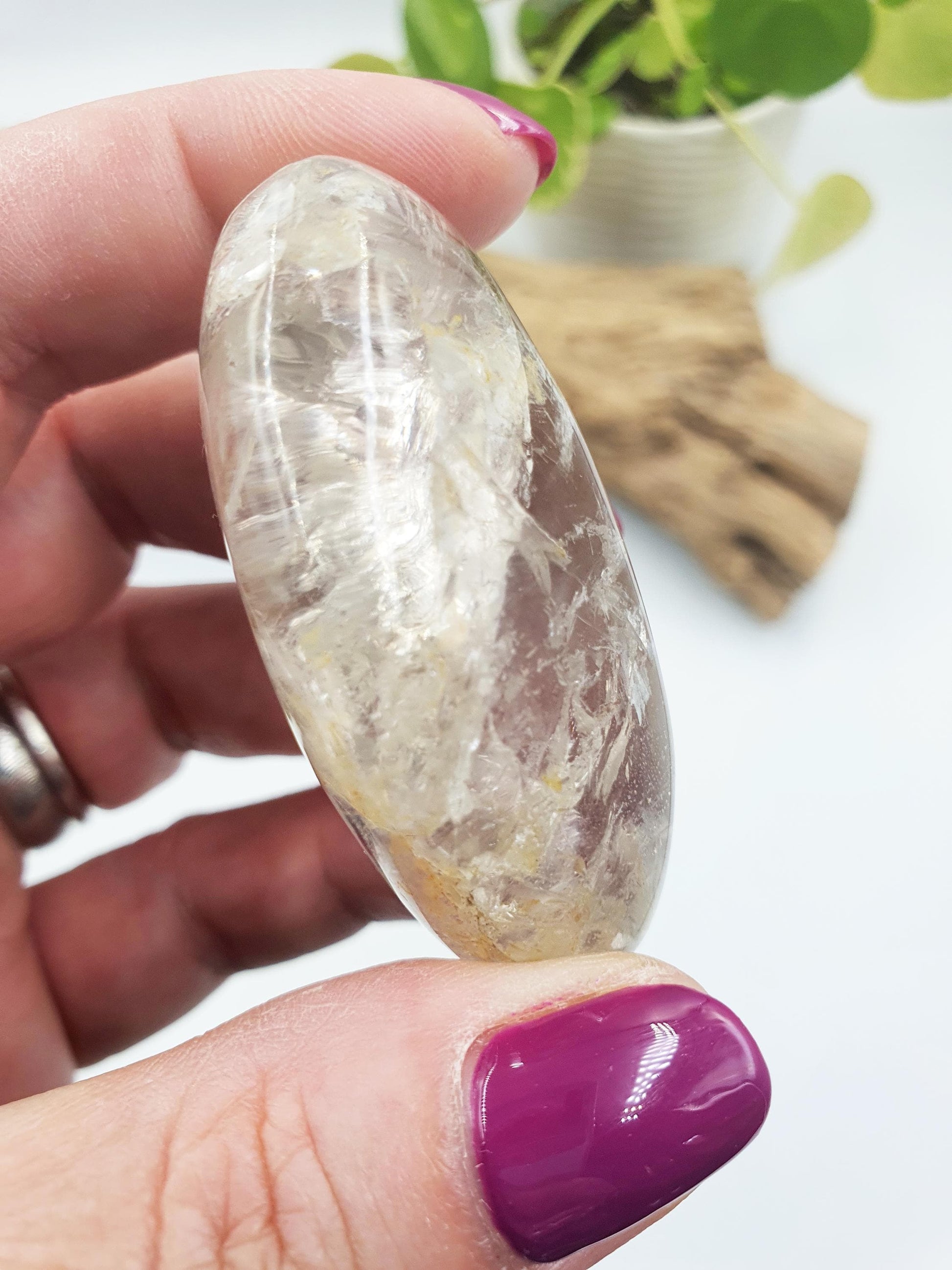 Unique Clear Quartz Palm with Golden Healer, large rainbow and shimmering inclusions / Clear Quartz Palm Stone / Meditation Palm - 70g