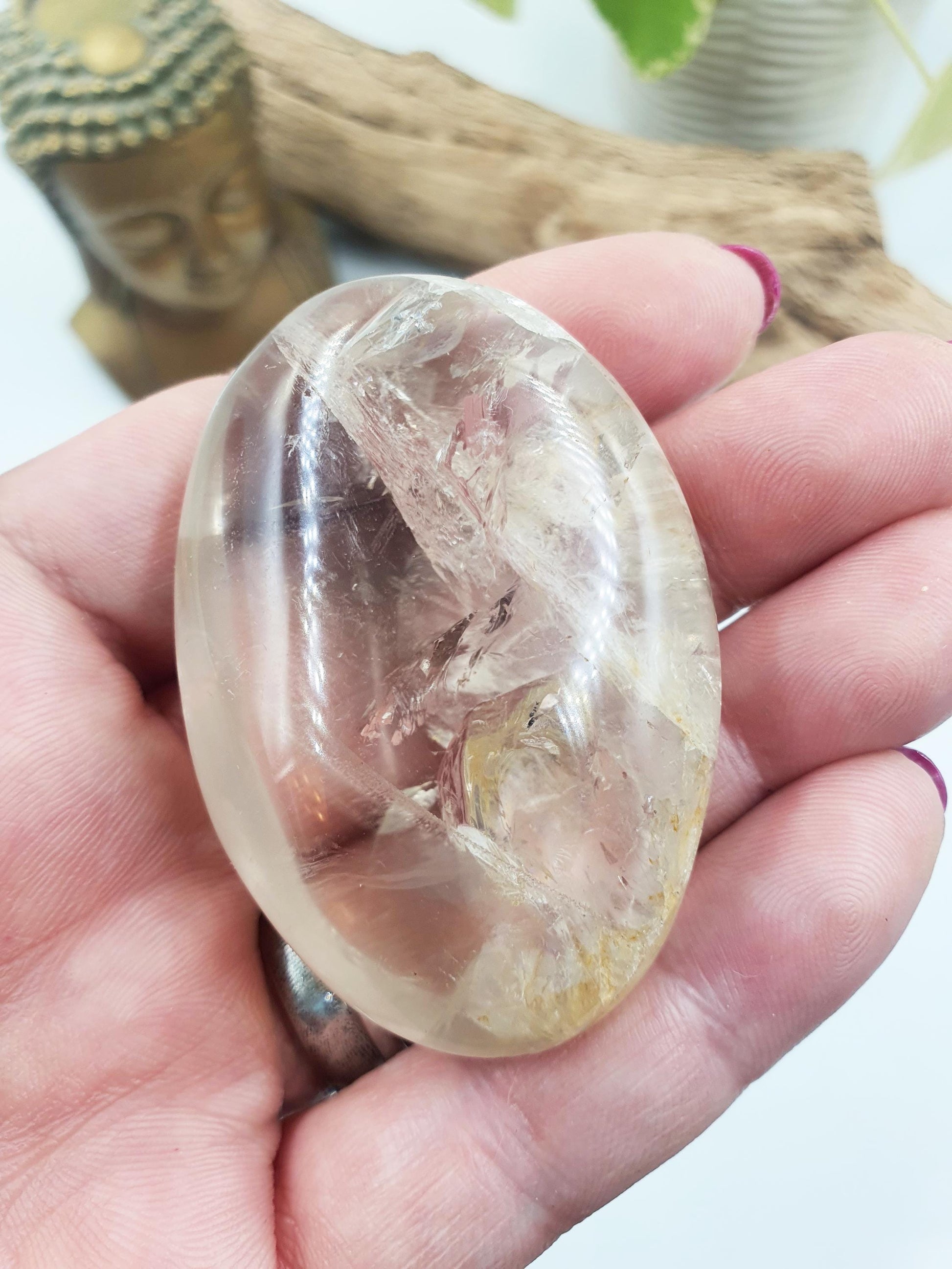 Unique Clear Quartz Palm with Golden Healer, large rainbow and shimmering inclusions / Clear Quartz Palm Stone / Meditation Palm - 70g