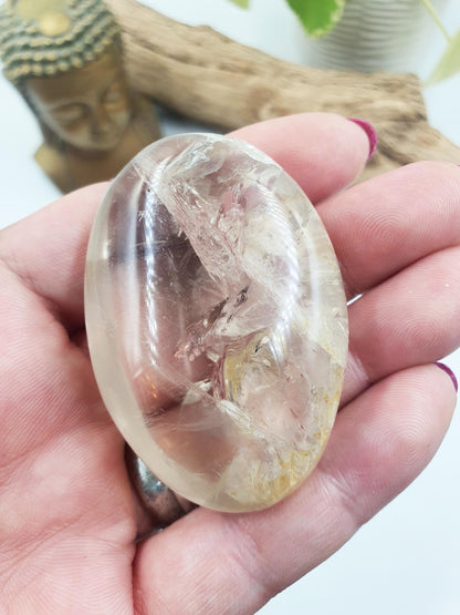 Unique Clear Quartz Palm with Golden Healer, large rainbow and shimmering inclusions / Clear Quartz Palm Stone / Meditation Palm - 70g