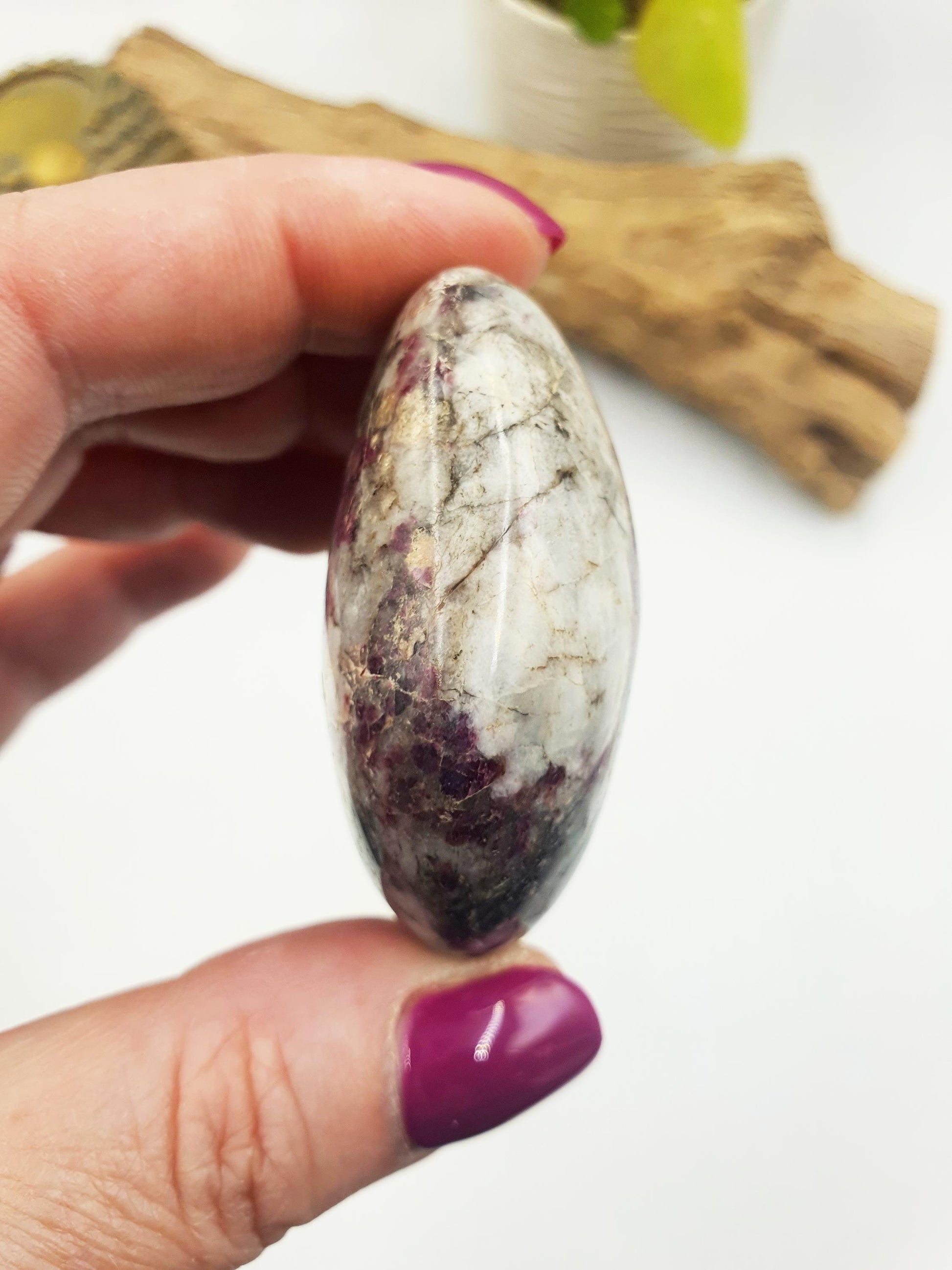 Pretty Plum Tourmaline Palm / Plum Blossom Tourmaline Palm Stone / Reiki Crystal Palm / Meditation Palm - 80g