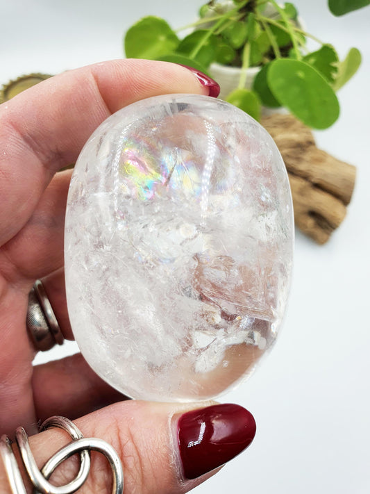 Large Beautiful Clear Quartz Palm/ Clear Quartz Palm Stone full of rainbow inclusions / Meditation Palm / Reiki Crystal Palm - 180g