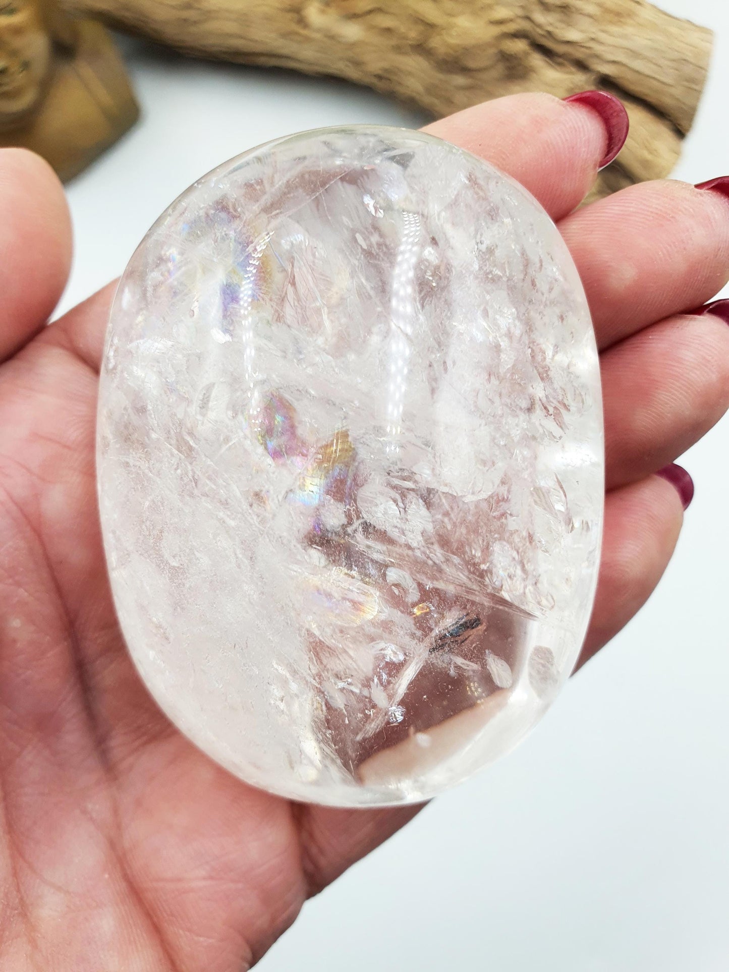 Large Beautiful Clear Quartz Palm/ Clear Quartz Palm Stone full of rainbow inclusions / Meditation Palm / Reiki Crystal Palm - 180g