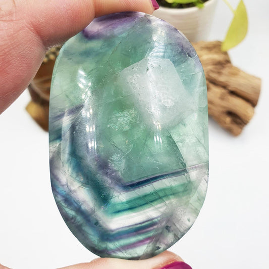 Large Flashy Fluorite Palm with rainbows / Fluorite Palm Stone / Purple and Green Fluorite Palm Stone / Meditation Palm - 135g
