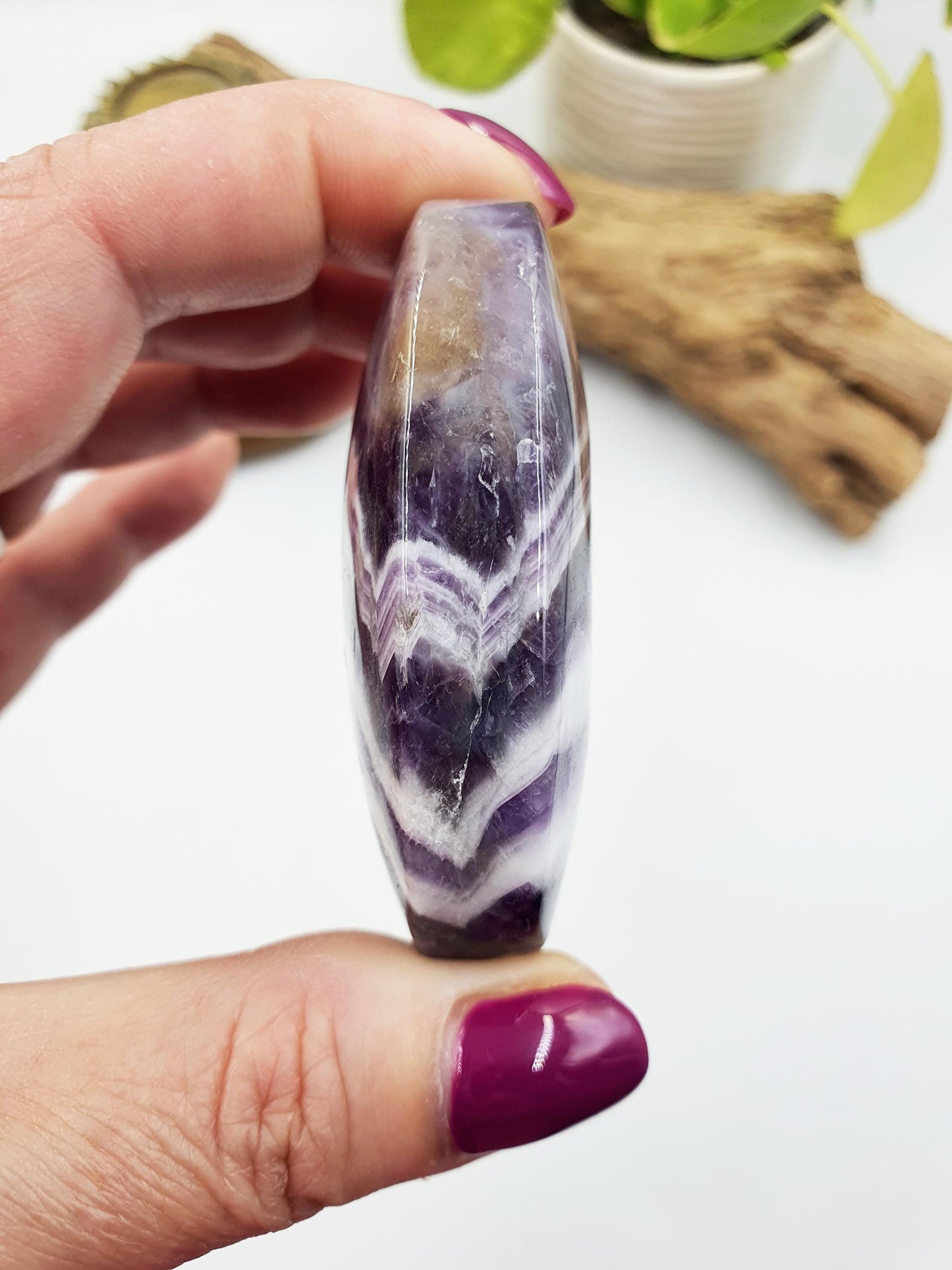 Dream Amethyst Palm / Dream Amethyst Palm Stone / Chevron Amethyst Palm / Pocket Stone / Amethyst Meditation Palm / Reiki Crystal Palm- 95g