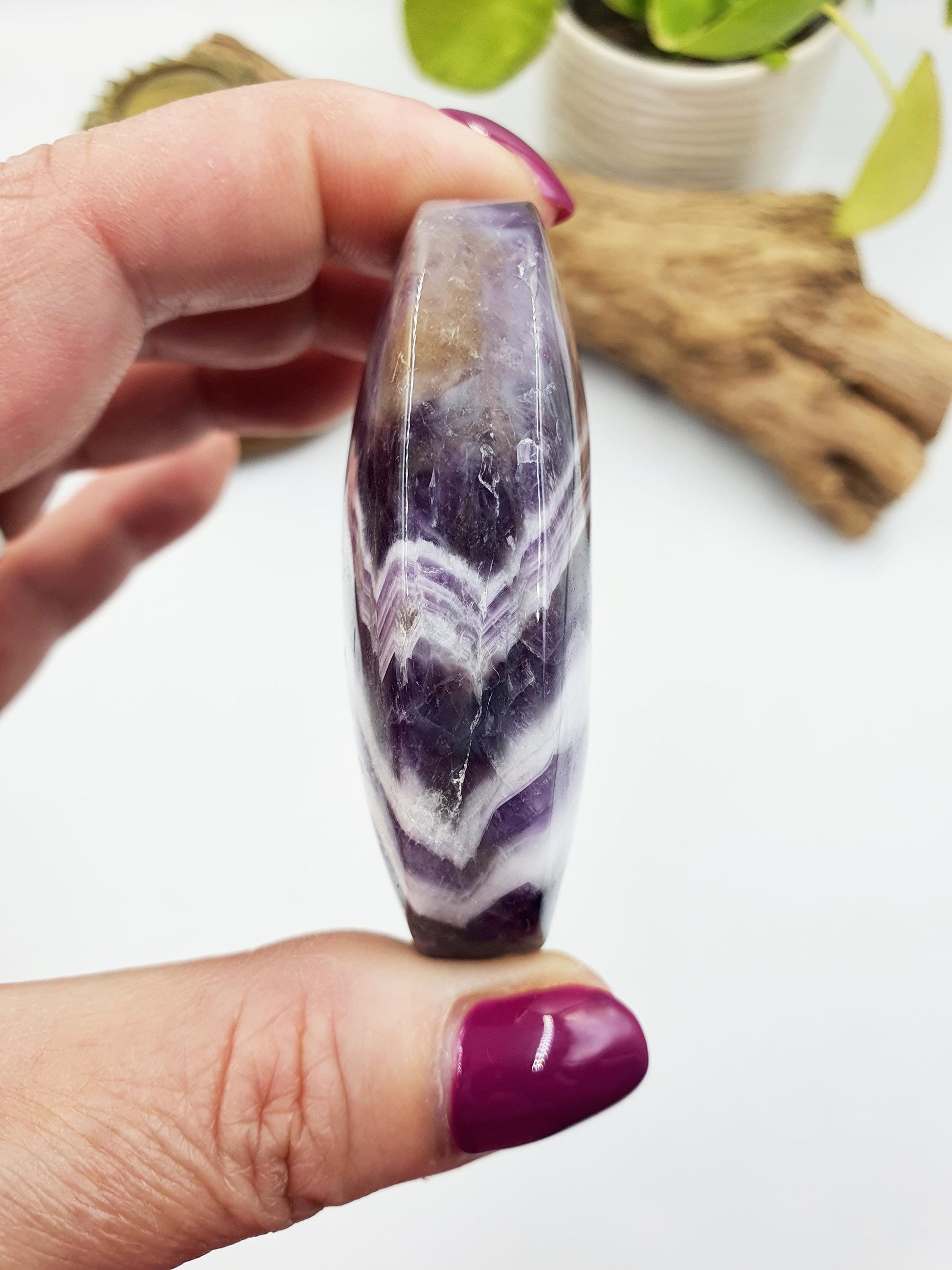 Dream Amethyst Palm / Dream Amethyst Palm Stone / Chevron Amethyst Palm / Pocket Stone / Amethyst Meditation Palm / Reiki Crystal Palm- 95g
