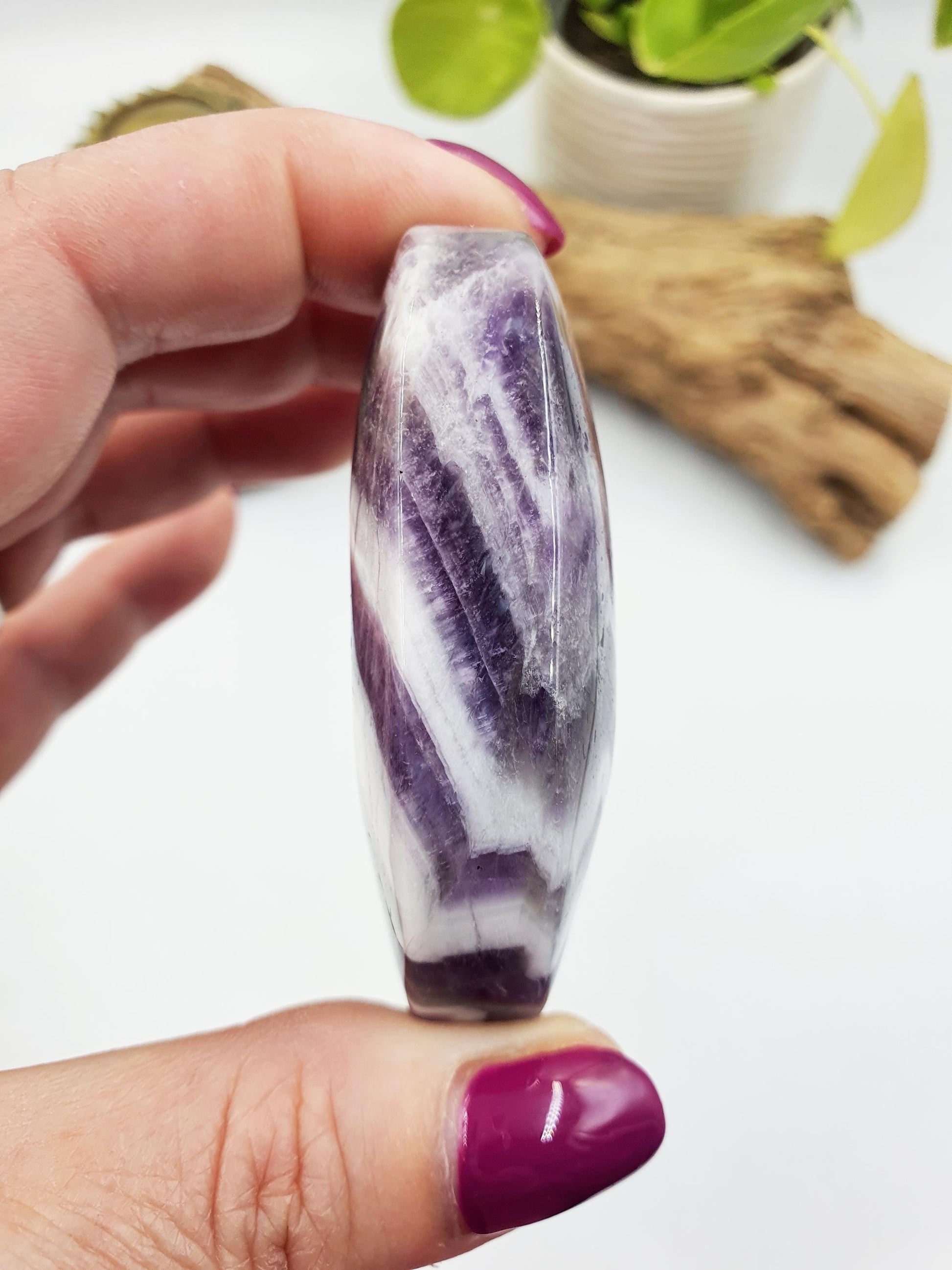 Dream Amethyst Palm / Dream Amethyst Palm Stone / Chevron Amethyst Palm / Pocket Stone / Amethyst Meditation Palm / Reiki Crystal Palm- 95g