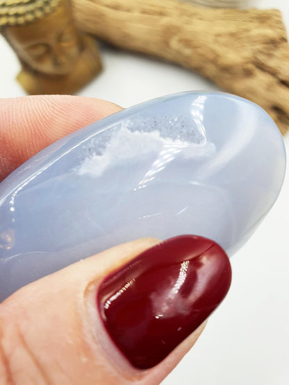 Beautiful Blue Chalcedony Palm with sparkly drusy pocket/ Chalcedony Palm Stone / Meditation Palm / Reiki Crystal Palm - 60g