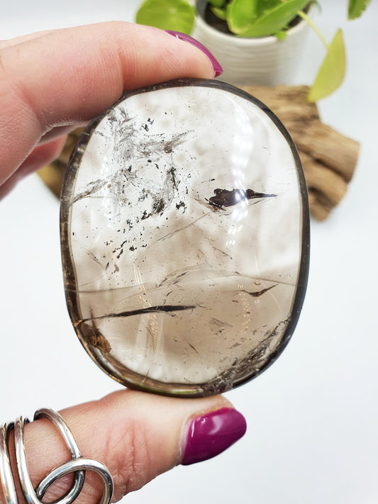 Unique Large Smoky Quartz Palm with rainbows / Smoky Quartz Palm Stone / Meditation Palm / Reiki Crystal Palm - 135g