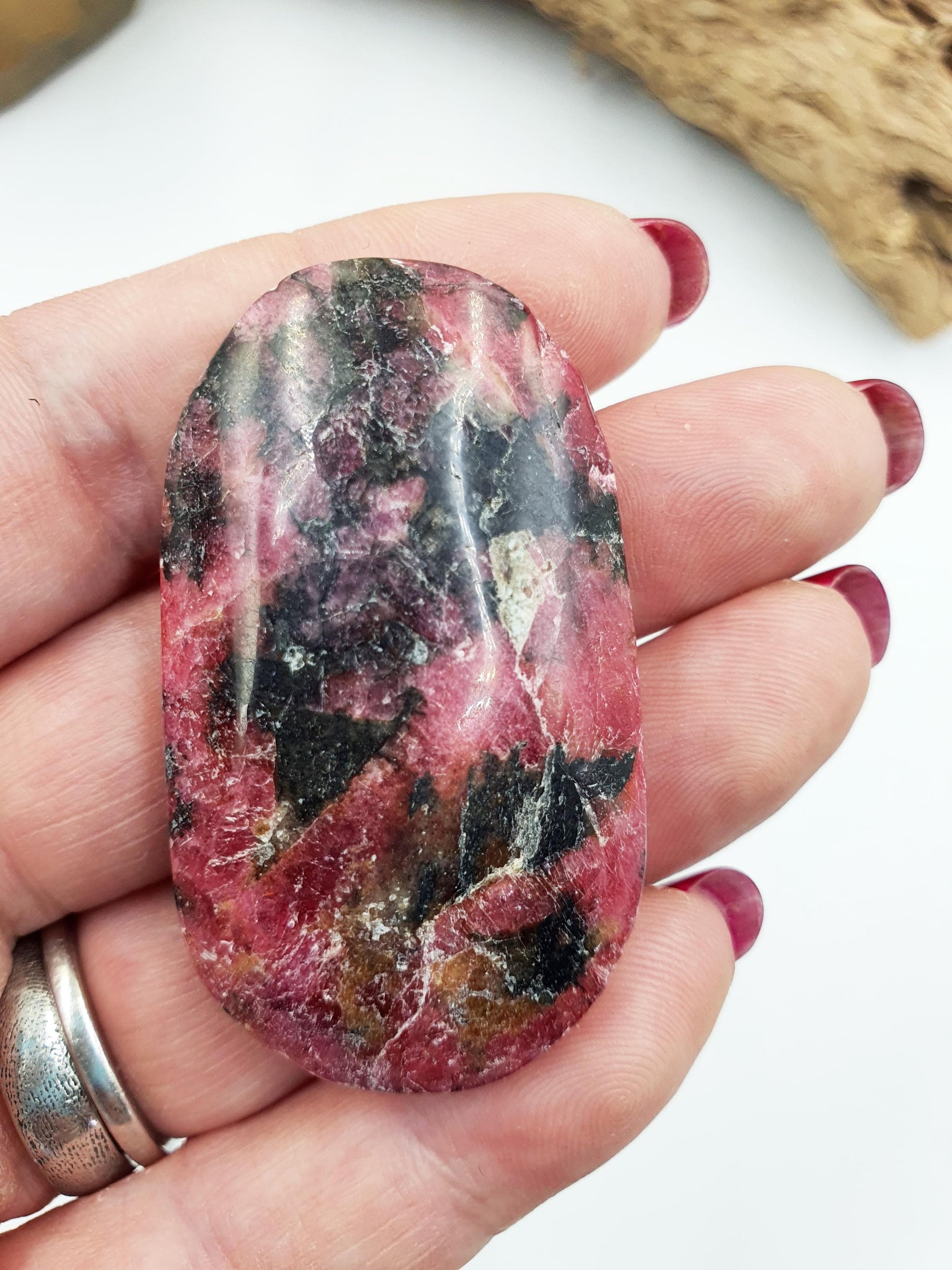 Rhodonite and Tourmaline Palmstone / Rhodonite and Tourmaline Palm / Meditation Palm / Reiki Crystal Palm- 44g