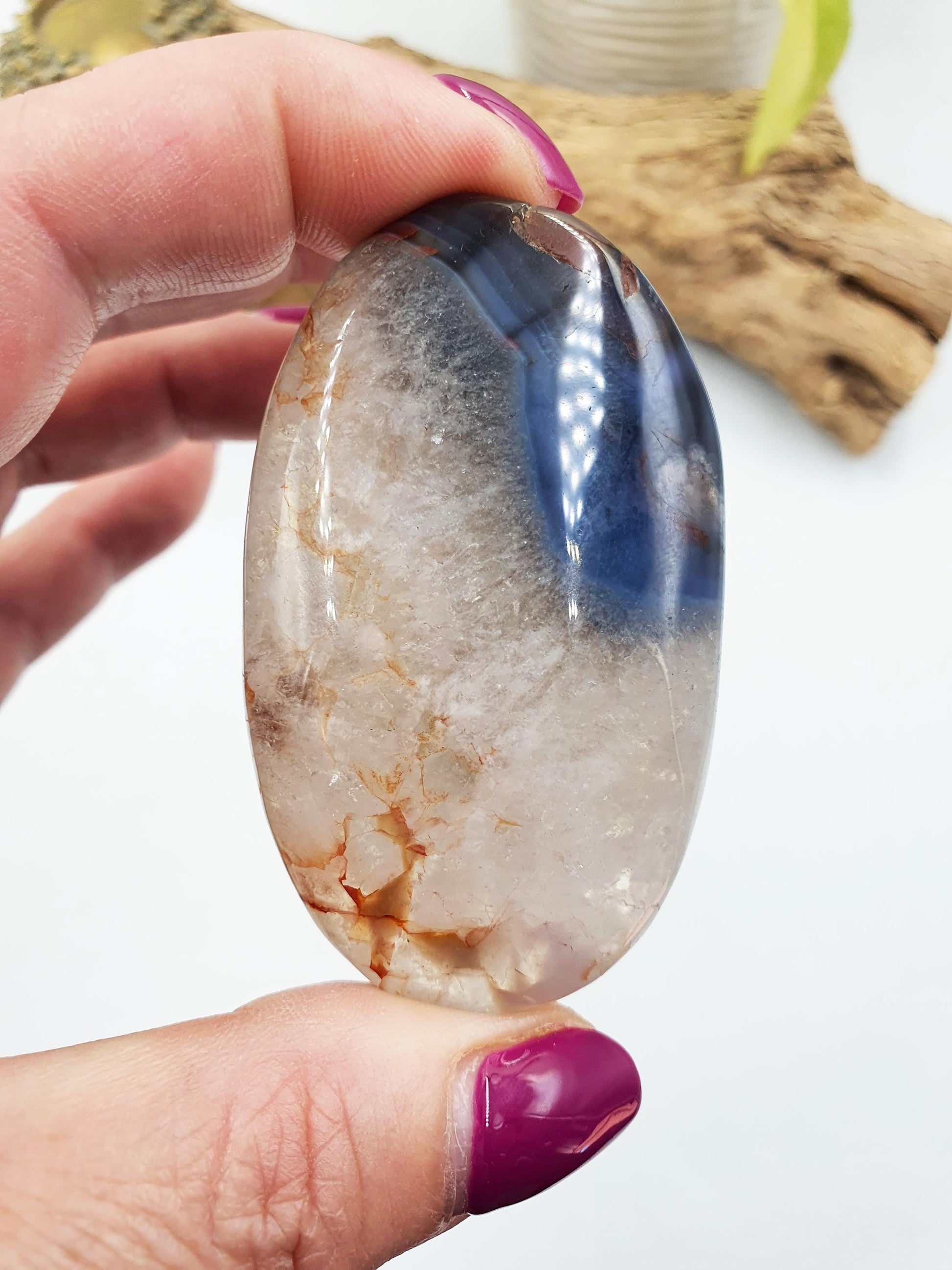 Unique Blue Flower Agate Palm Stone - Sakura Nurturing & Growth Crystal - 70g