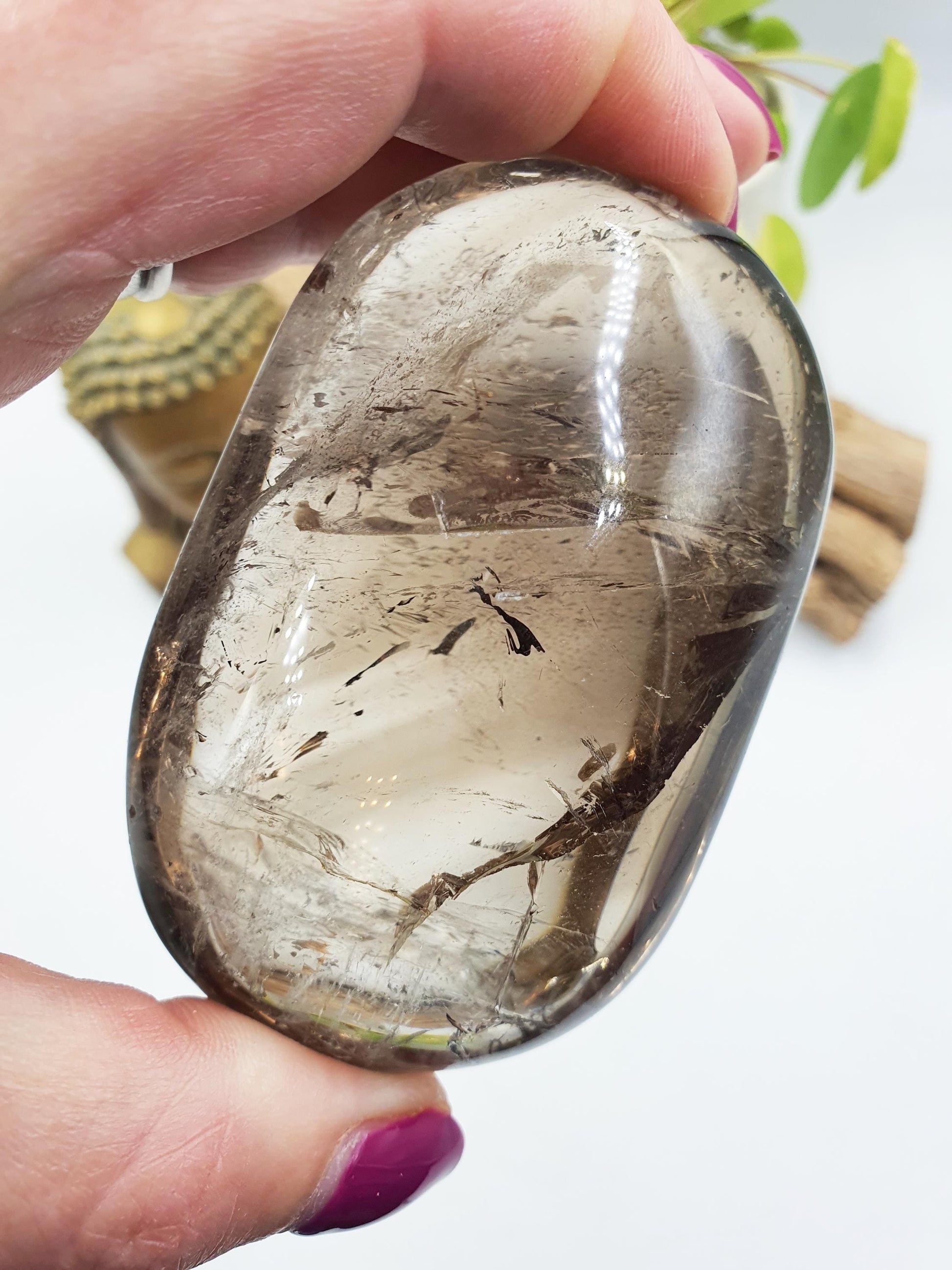 High Grade Large Smoky Quartz Palm Stone with Rainbows - Grounding & Protection Crystal - 220g