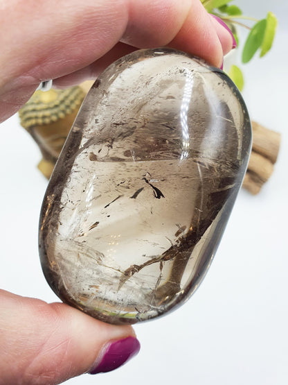 High Grade Large Smoky Quartz Palm Stone with Rainbows - Grounding & Protection Crystal - 220g