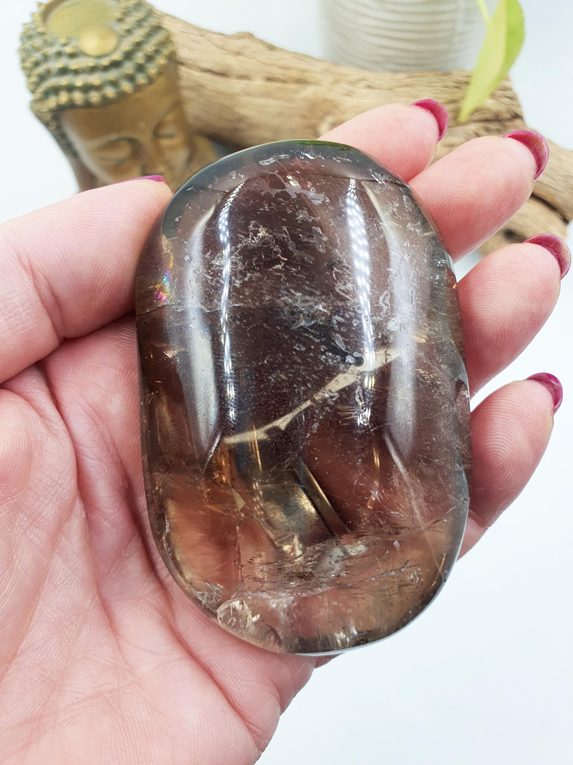 High Grade Large Smoky Quartz Palm Stone with Rainbows - Grounding & Protection Crystal - 220g