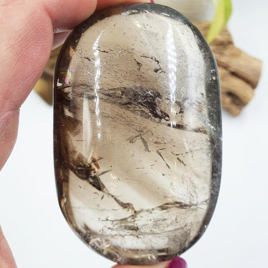 High Grade Large Smoky Quartz Palm Stone with Rainbows - Grounding & Protection Crystal - 220g