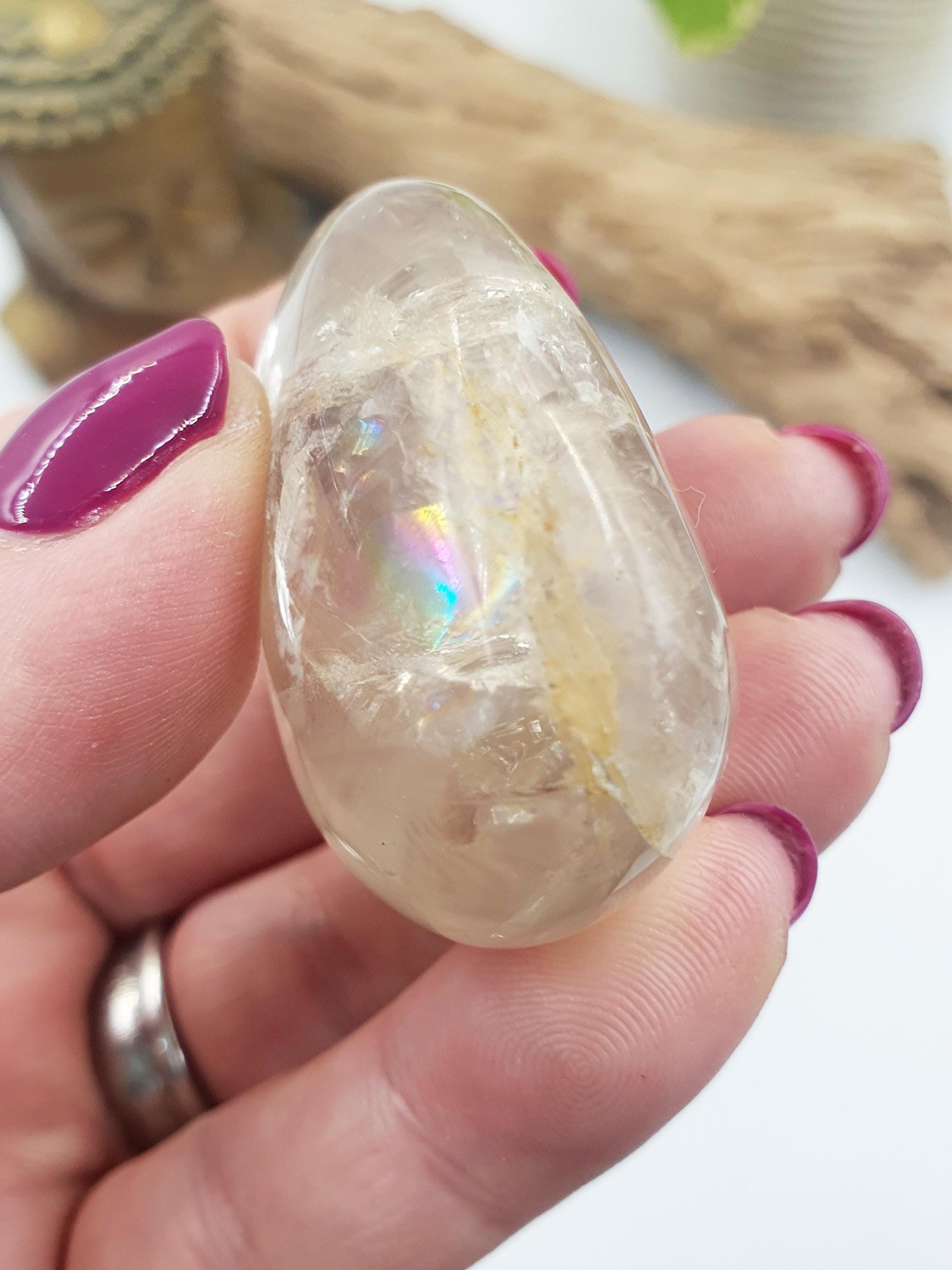 Unique Clear Quartz Palm with Golden Healer, large rainbow and shimmering inclusions / Clear Quartz Palm Stone / Meditation Palm - 70g