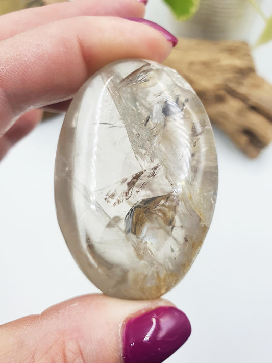 Unique Clear Quartz Palm with Golden Healer, large rainbow and shimmering inclusions / Clear Quartz Palm Stone / Meditation Palm - 70g