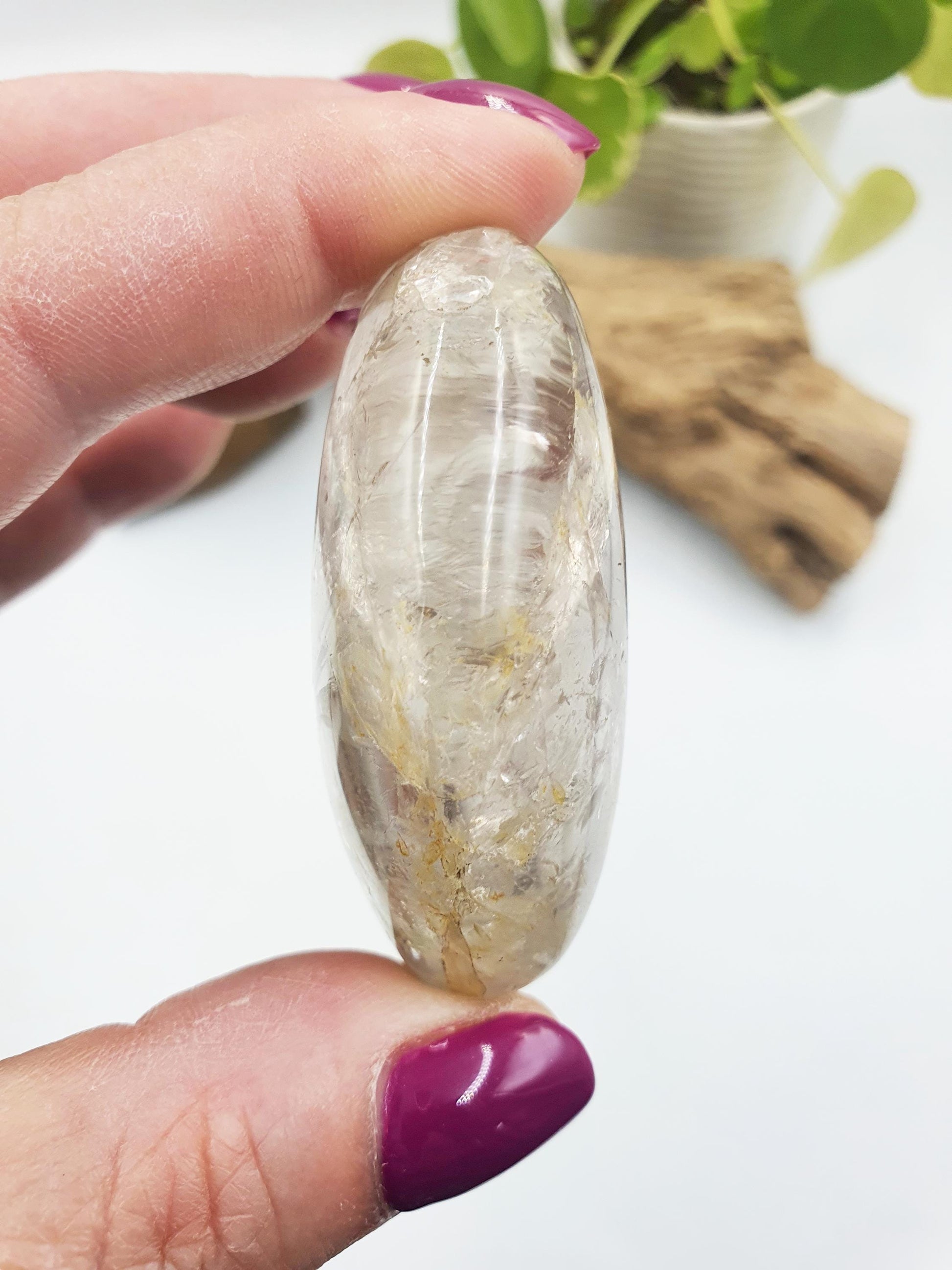 Unique Clear Quartz Palm with Golden Healer, large rainbow and shimmering inclusions / Clear Quartz Palm Stone / Meditation Palm - 70g