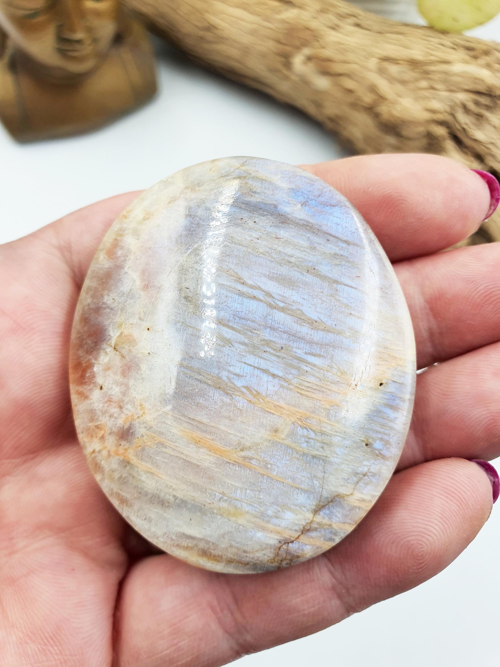 Beautiful Flashy Blue Moonstone and Sunstone Palm / Sunstone and Moonstone Palm Stone / Reiki Crystal / Meditation Palm - 75g