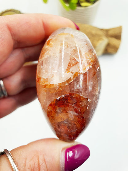 Fire Quartz (Hematoid) Palm Stone with rainbow flashes - Grounding & Vitality Crystal - 155g