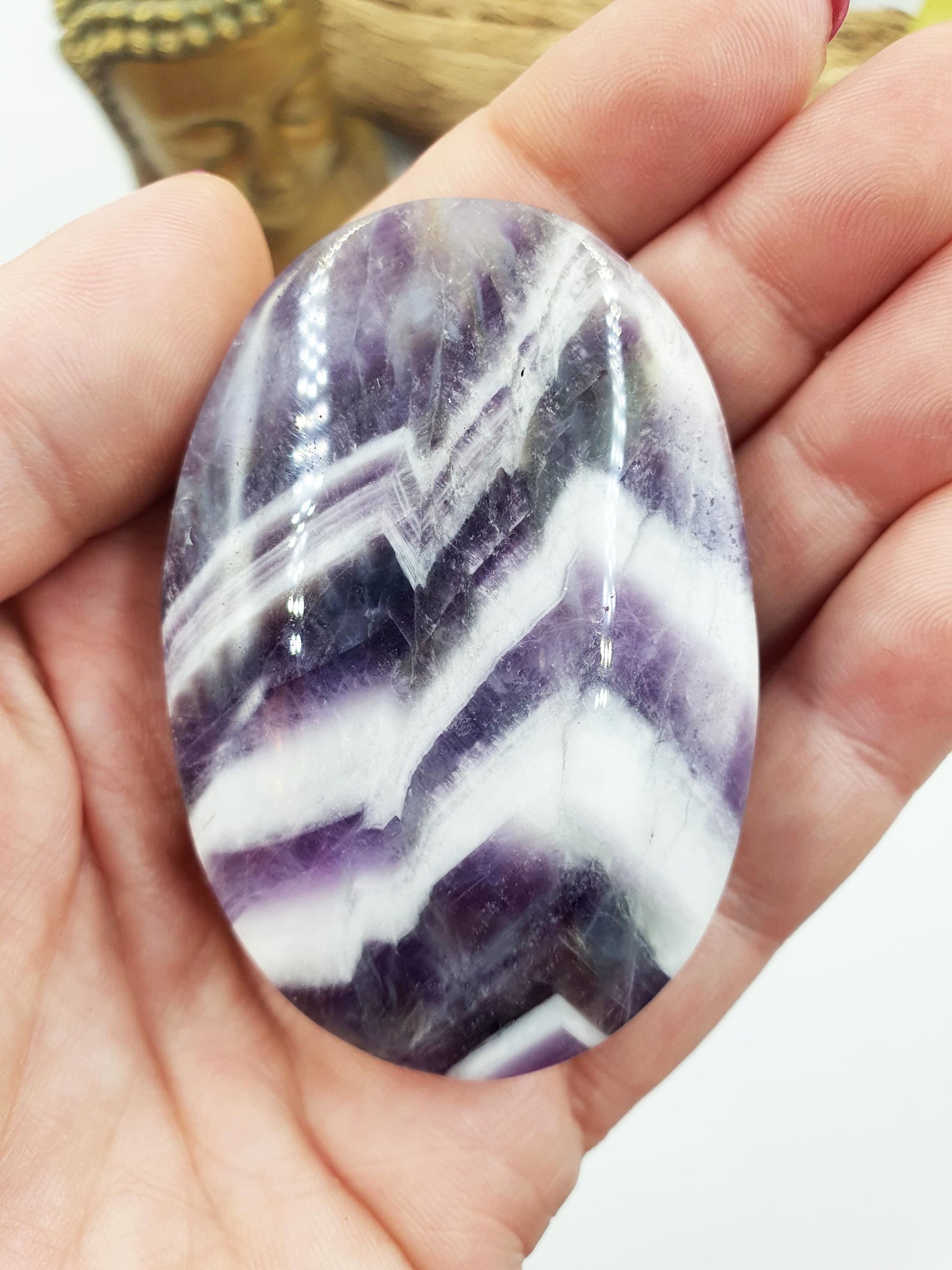 Dream Amethyst Palm / Dream Amethyst Palm Stone / Chevron Amethyst Palm / Pocket Stone / Amethyst Meditation Palm / Reiki Crystal Palm- 95g