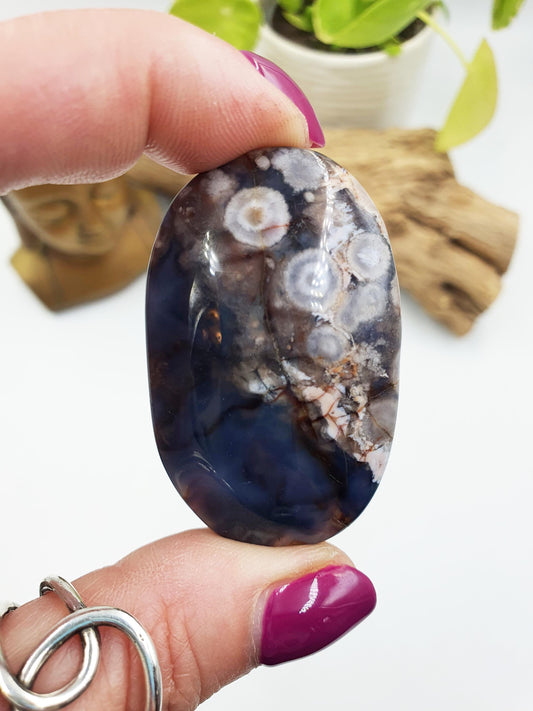 Beautiful Blue Flower Agate Drusy Palm / Sakura Agate Palm Stone / Blue Flower Agate Crystal / Meditation Palm - 35g