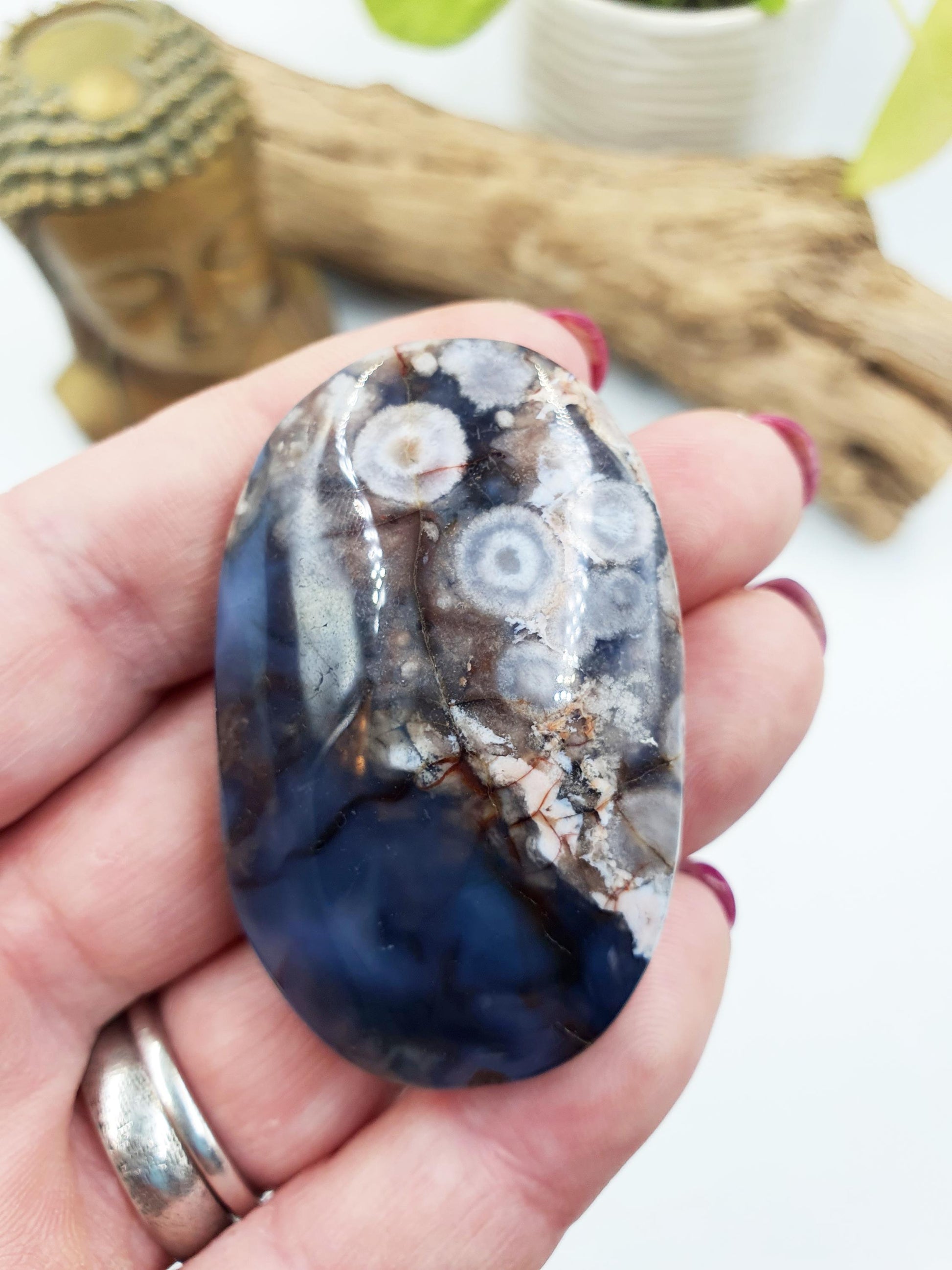 Beautiful Blue Flower Agate Drusy Palm / Sakura Agate Palm Stone / Blue Flower Agate Crystal / Meditation Palm - 35g