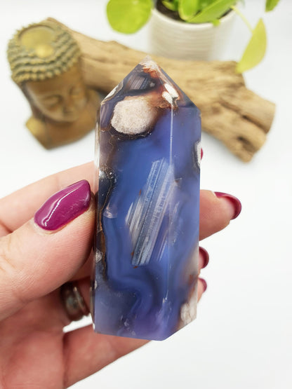 Pretty Blue Flower Agate Point / Sakura Agate Tower / Blue Flower Agate Crystal Obelisk / Healing Tower - 105g