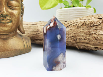 Pretty Blue Flower Agate Point / Sakura Agate Tower / Blue Flower Agate Crystal Obelisk / Healing Tower - 105g