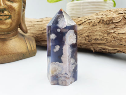 Pretty Blue Flower Agate Point / Sakura Agate Tower / Blue Flower Agate Crystal Obelisk / Healing Tower - 105g