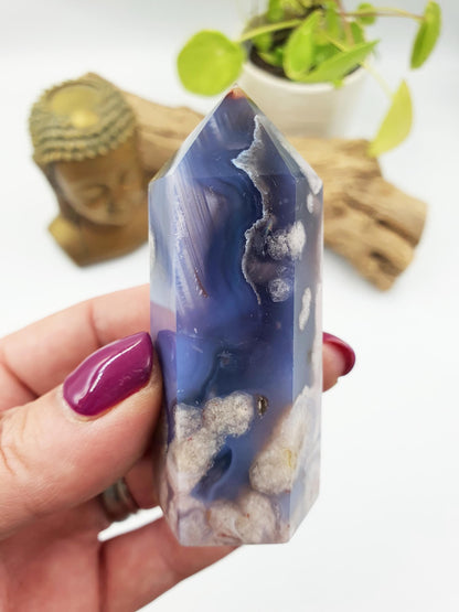 Pretty Blue Flower Agate Point / Sakura Agate Tower / Blue Flower Agate Crystal Obelisk / Healing Tower - 105g