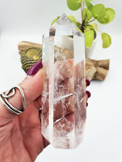 High Grade Clear Quartz Tower with garden inclusion: Energy Amplifying Healing Crystal - 265g
