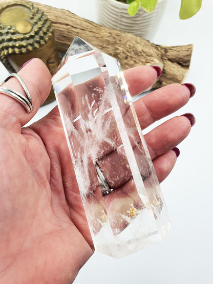 High Grade Clear Quartz Tower with garden inclusion: Energy Amplifying Healing Crystal - 265g