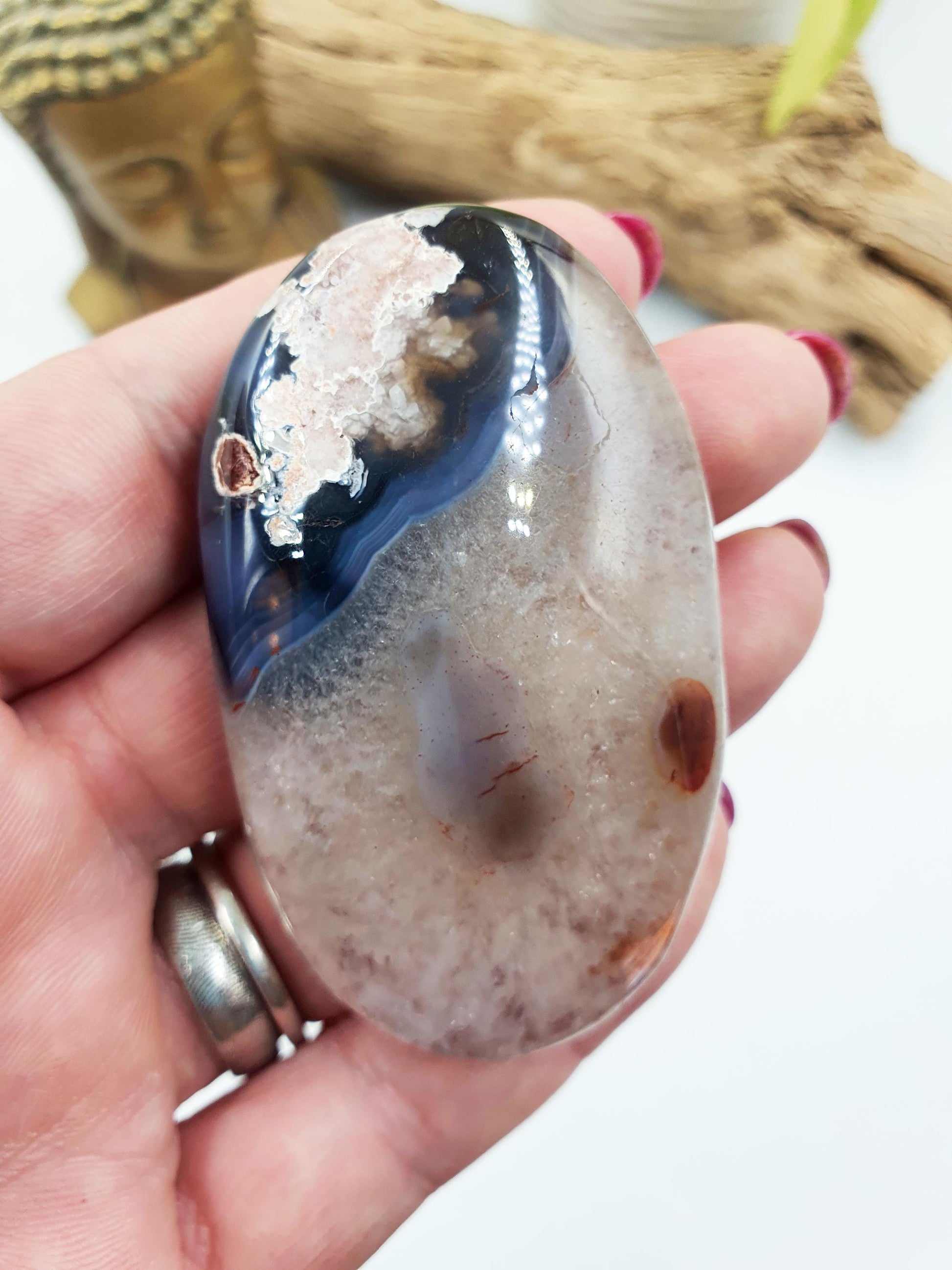 Unique Blue Flower Agate Palm Stone - Sakura Nurturing & Growth Crystal - 70g