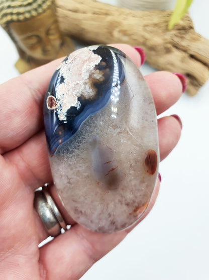 Unique Blue Flower Agate Palm Stone - Sakura Nurturing & Growth Crystal - 70g