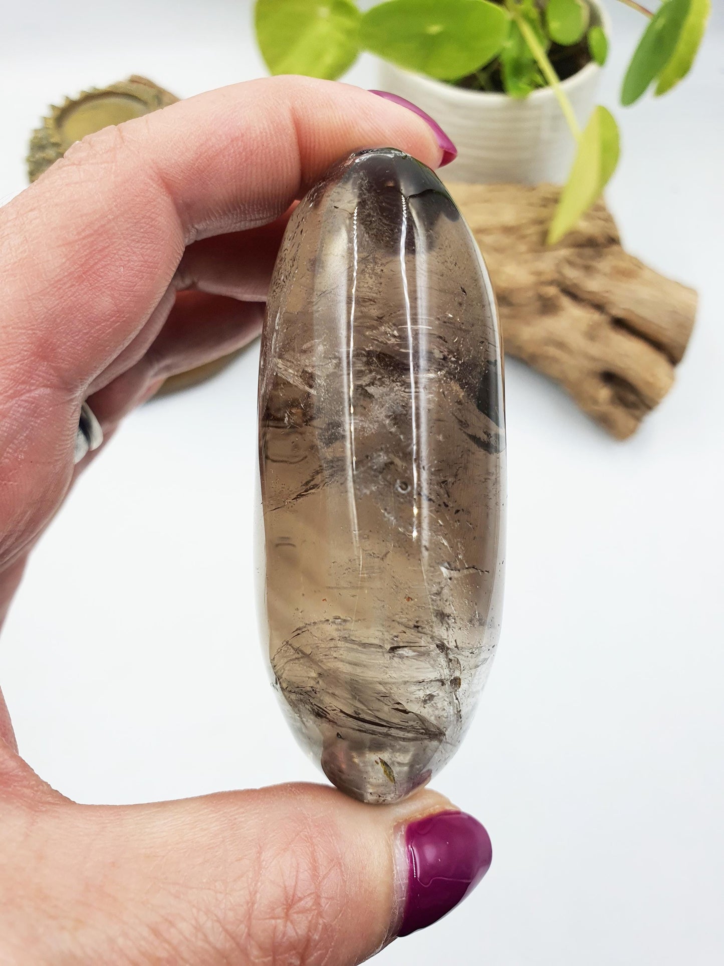 High Grade Large Smoky Quartz Palm Stone with Rainbows - Grounding & Protection Crystal - 220g