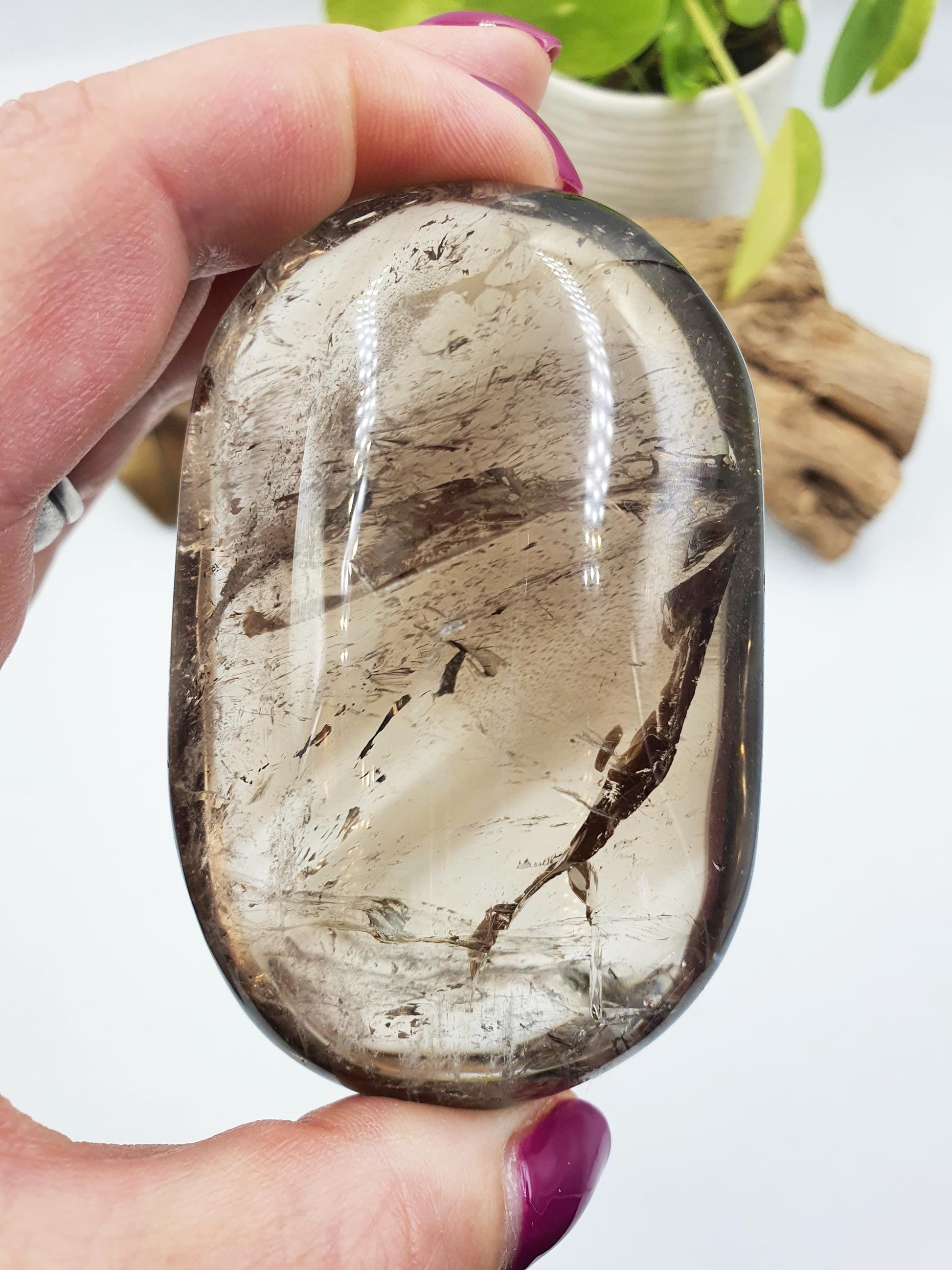 High Grade Large Smoky Quartz Palm Stone with Rainbows - Grounding & Protection Crystal - 220g
