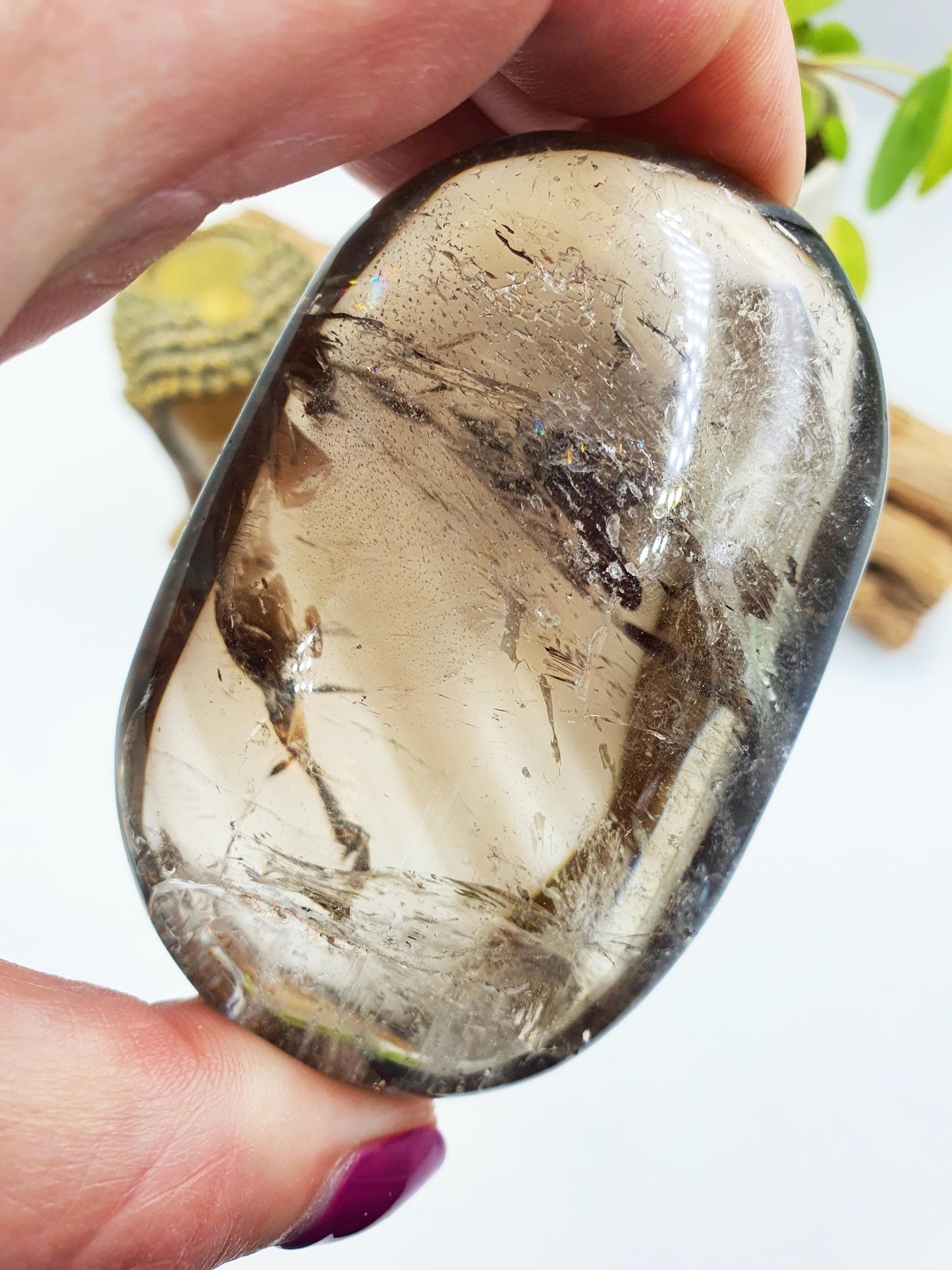 High Grade Large Smoky Quartz Palm Stone with Rainbows - Grounding & Protection Crystal - 220g
