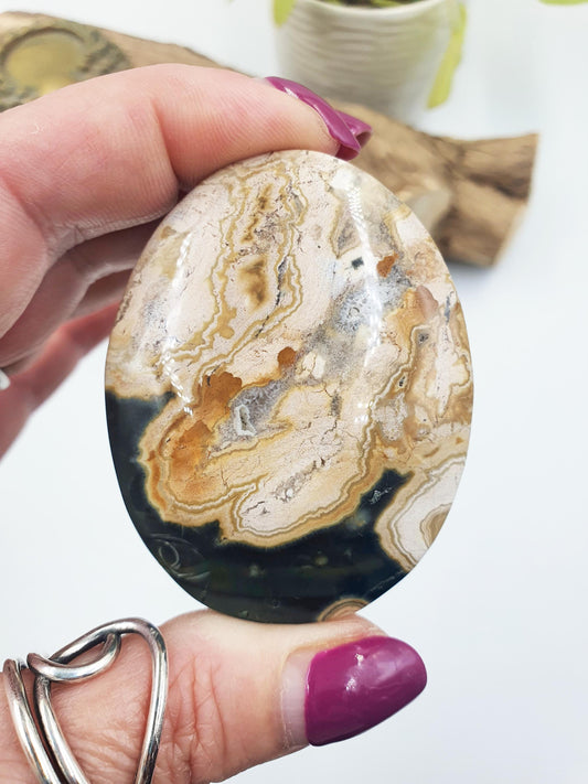 Unique Orbicular Ocean Jasper Palm - Joy & Renewal Healing Crystal - 85g