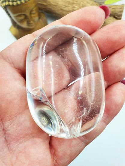 High Grade Clear Quartz Palm Stone with large Rainbows - Energy Amplifying Healing Crystal - 85g