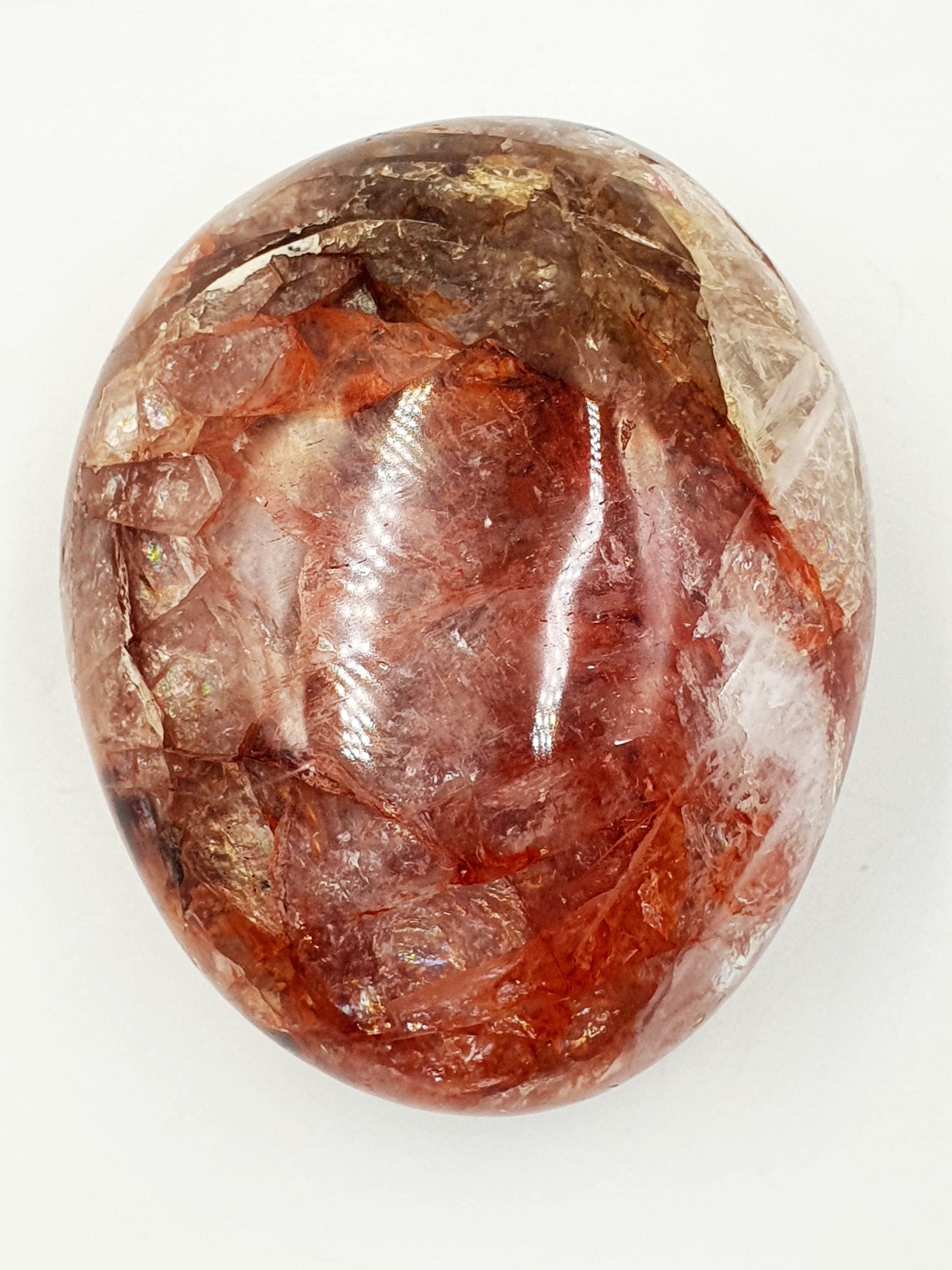 Fire Quartz (Hematoid) Palm Stone with rainbow flashes - Grounding & Vitality Crystal - 160g