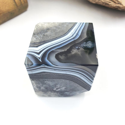 Black Banded Agate Drusy Crystal Cube - Grounding & Protection Crystal Carving,
