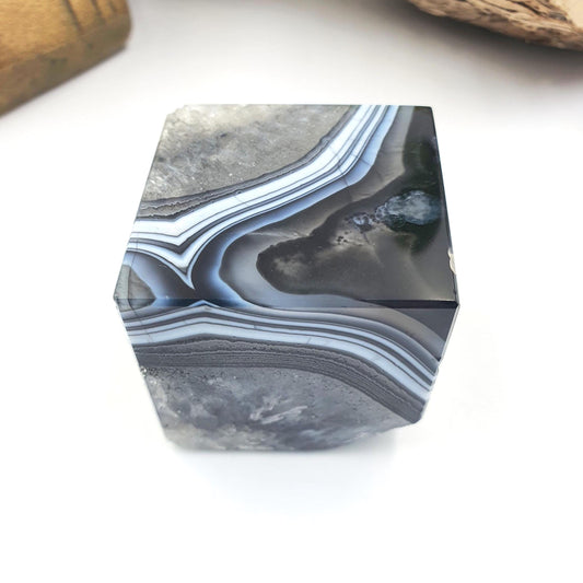 Black Banded Agate Drusy Crystal Cube - Grounding & Protection Crystal Carving,