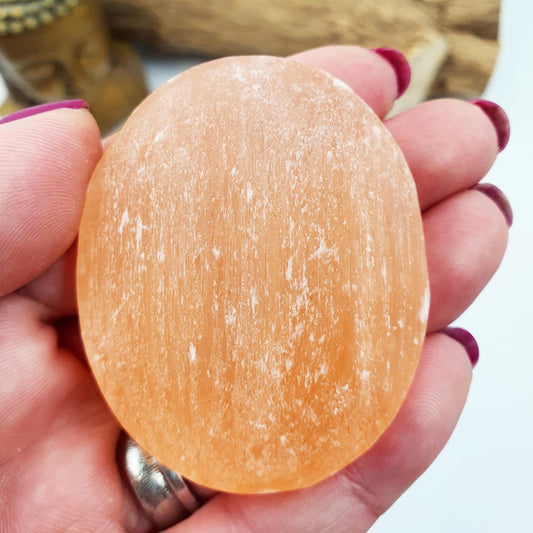 Peach Selenite Palm Stone - Calming & Cleansing Healing Crystal - 60g