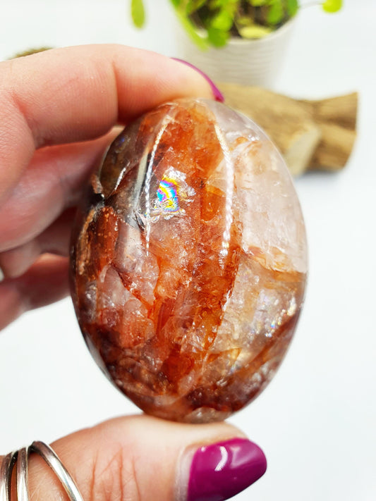 Fire Quartz (Hematoid) Palm Stone with rainbow flashes - Grounding & Vitality Crystal - 155g
