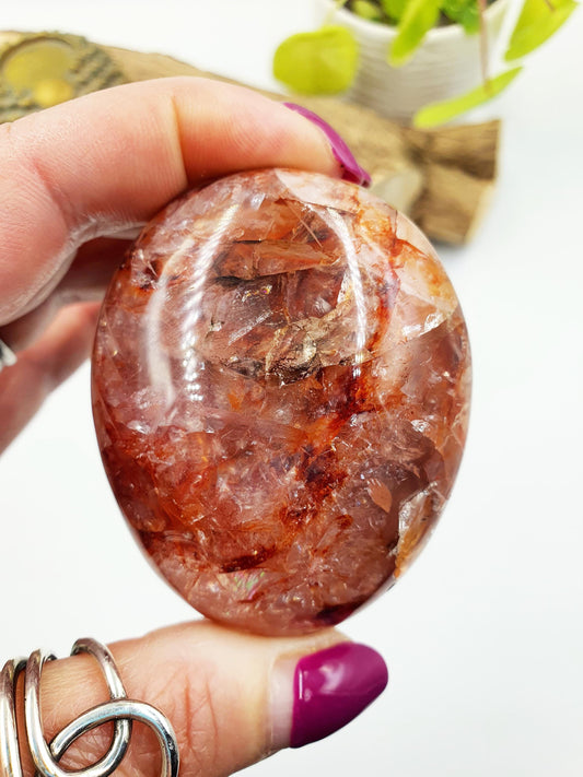 Fire Quartz (Hematoid) Palm Stone with rainbow flashes - Grounding & Vitality Crystal - 160g
