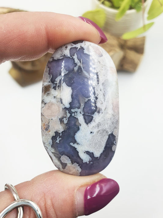 Blue Flower Agate Palm Stone - Sakura Nurturing & Growth Crystal, 40g