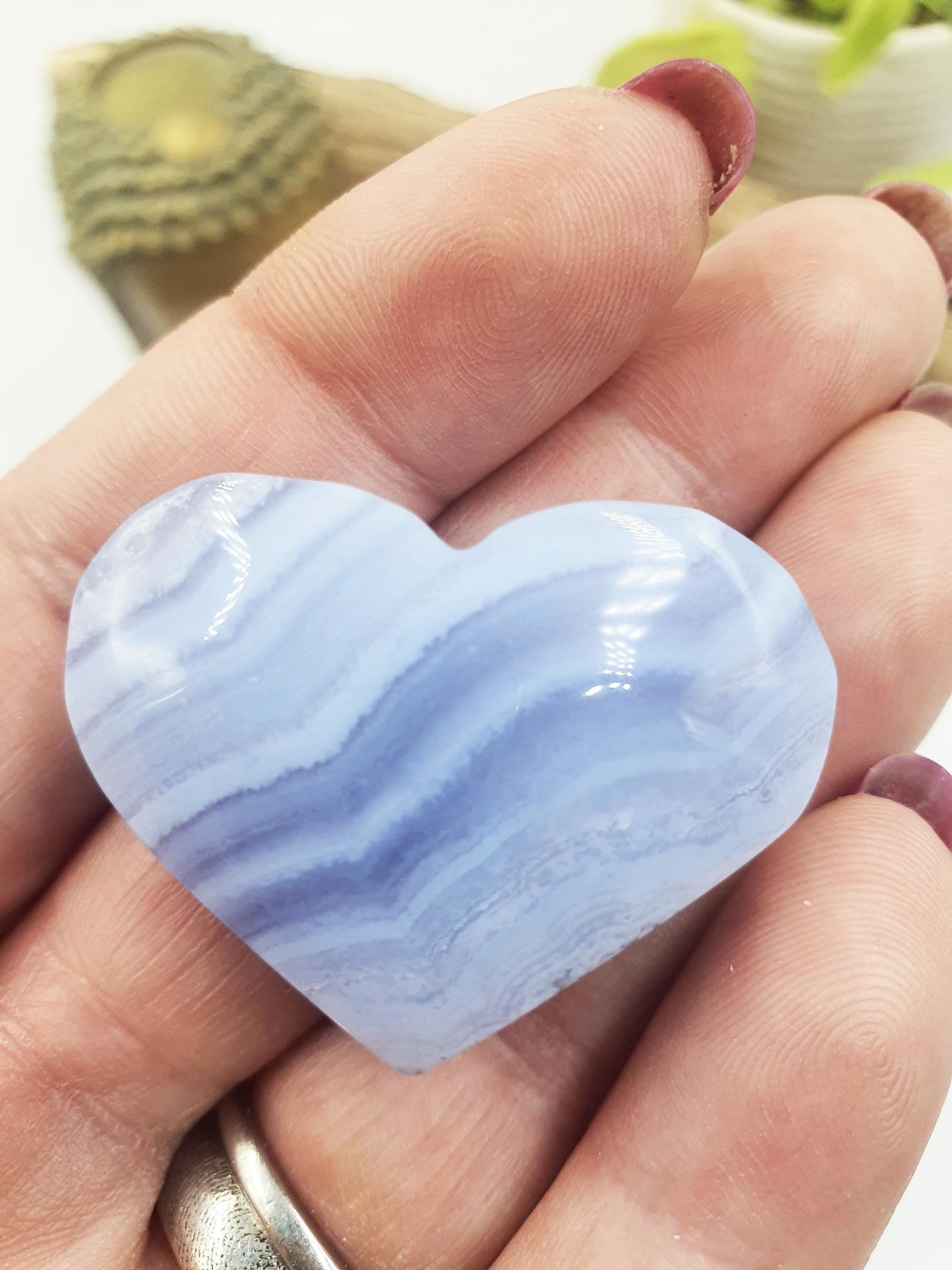 Blue Lace Agate Crystal Heart - Calming & Communication Healing Carving, 25g