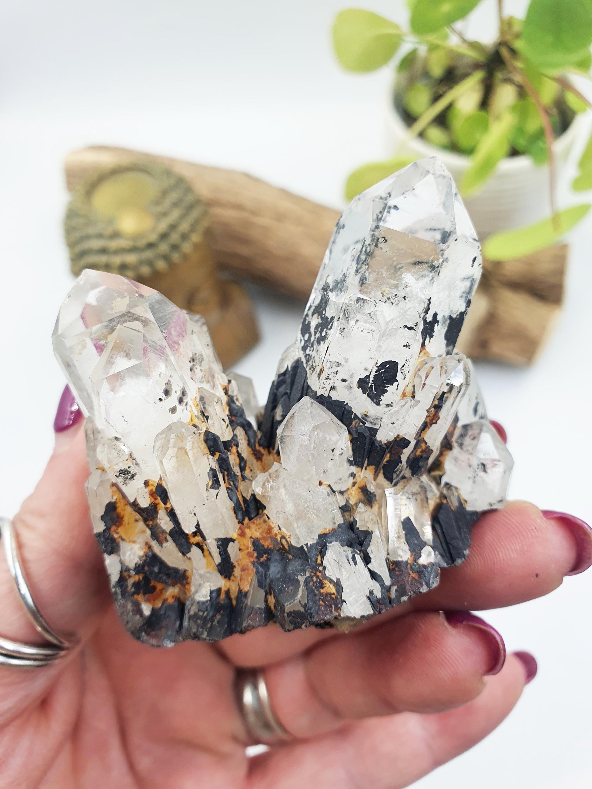 Clear Quartz and Hematite Cluster Specimen - Grounding & Amplifying Healing Raw Crystal, 155g