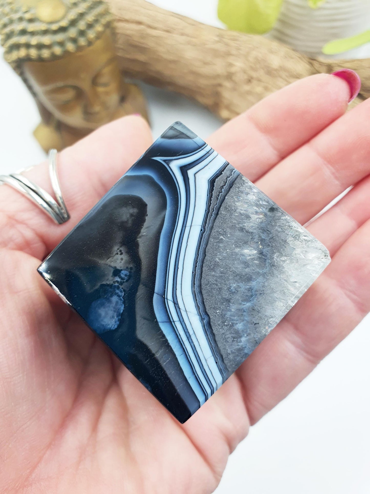 Black Banded Agate Drusy Crystal Cube - Grounding & Protection Crystal Carving,